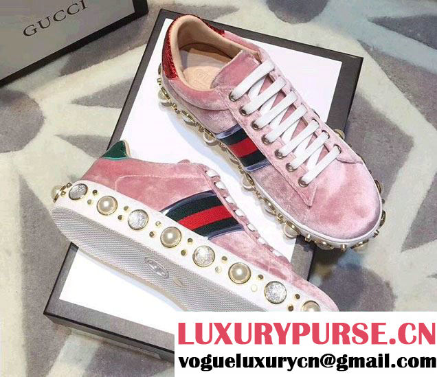 Gucci Ace Leather Studded and Pearl Velvet Sneakers 2017