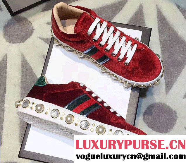 Gucci Ace Leather Studded and Pearl Velvet Sneakers 2017