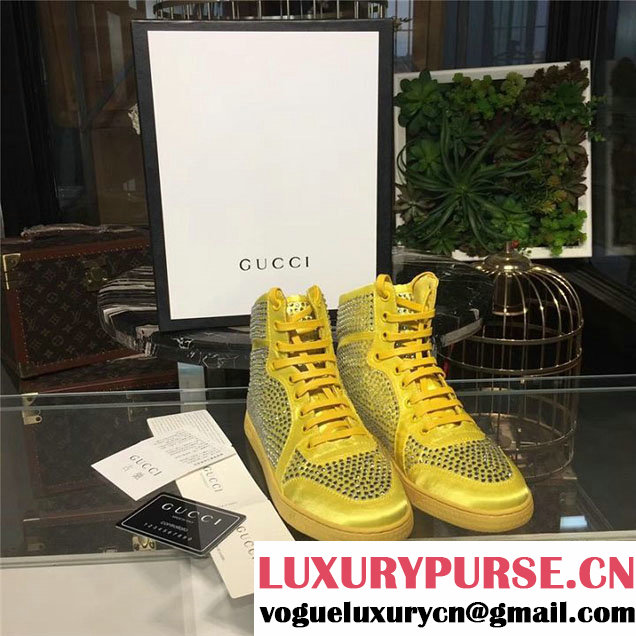 Gucci Coda Satin Effect Crystal Studded High Top Sneakers Fall Winter 2017 Collection Yellow