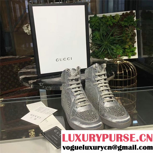 Gucci Coda Satin Effect Crystal Studded High Top Sneakers Fall Winter 2017 Collection Grey