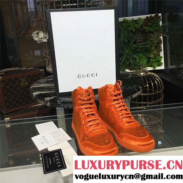 Gucci Coda Satin Effect Crystal Studded High Top Sneakers Fall Winter 2017 Collection Orange