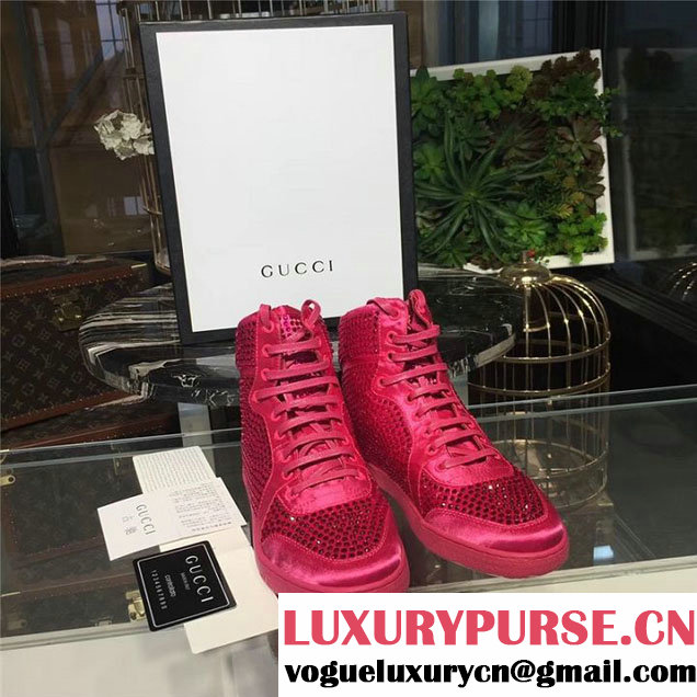 Gucci Coda Satin Effect Crystal Studded High Top Sneakers Fall Winter 2017 Collection Fuchsia