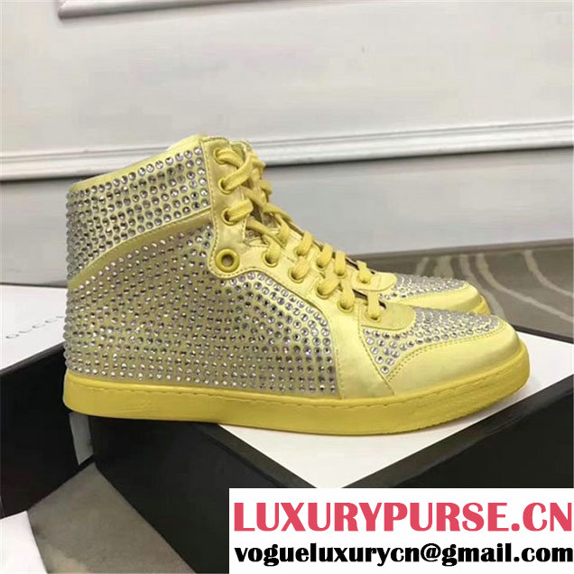 Gucci Coda Satin Effect Crystal Studded High Top Sneakers Pre-Fall 2017 Collection Yellow