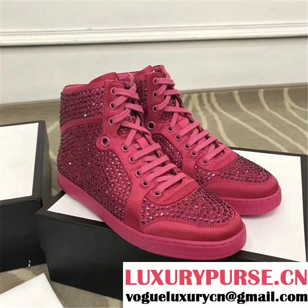 Gucci Coda Satin Effect Crystal Studded High Top Sneakers Pre-Fall 2017 Collection Fucshia