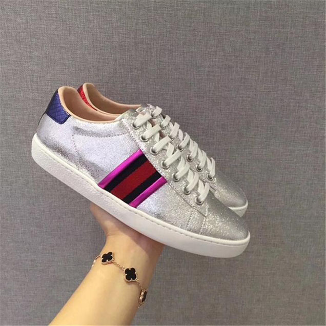 Gucci Ace Crackled Leather Low-Top Sneakers Pre-Fall 2017 Collection Metallic Silver