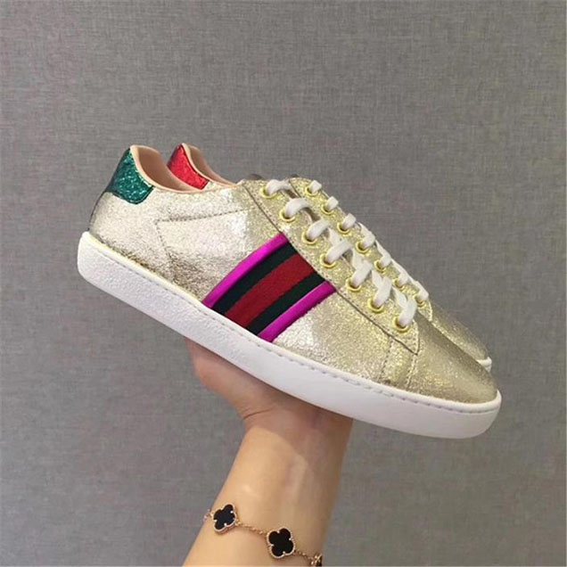 Gucci Ace Crackled Leather Low-Top Sneakers Pre-Fall 2017 Collection Metallic Gold