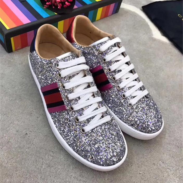 Gucci Ace Glitter Low-Top Sneakers Calfskin Leather Pre-Fall 2017 Collection Silver