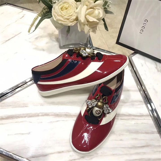 Gucci Retro Falacer Bee Sneakers Patent Leather Calfskin Leather Fall Winter 2017 Collection Red White