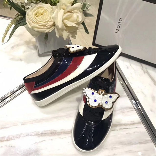 Gucci Retro Falacer Butterfly Sneakers Patent Leather Calfskin Leather Fall Winter 2017 Collection Black White