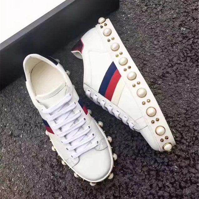 Gucci Ace Faux Pearl Embellished Studded Low-Top Sneakers Calfskin Leather Pre-Fall 2017 Collection White