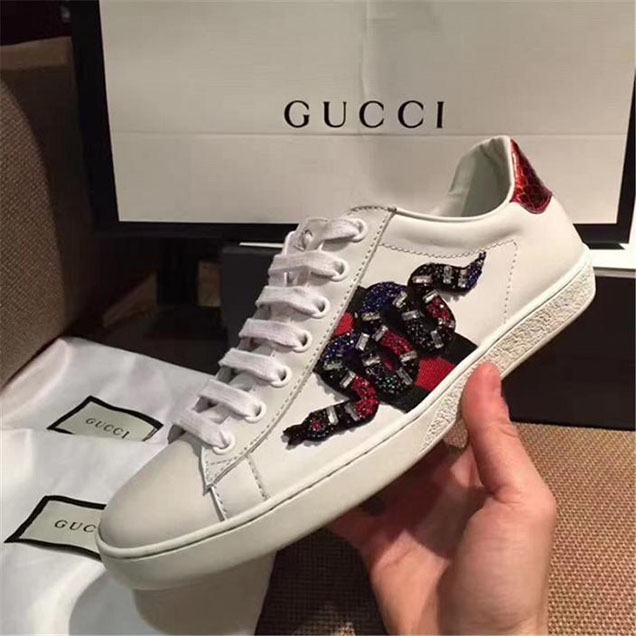 Gucci Ace Crystal Snake-Embroidered Leather Low-Top Sneakers Calfskin Leather Fall Winter 2017 Collection White Multi