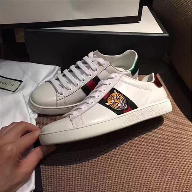 Gucci Ace Tiger Snakeskin Trimmed Sneakers Low-Top Sneakers Calfskin Leather Fall Winter 2017 Collection White Multi