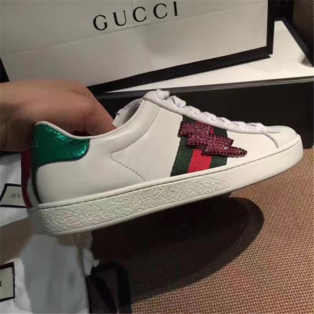 Gucci Ace Lightning Bolt Snakeskin Trimmed Sneakers Low-Top Sneakers Calfskin Leather Fall Winter 2017 Collection White Multi