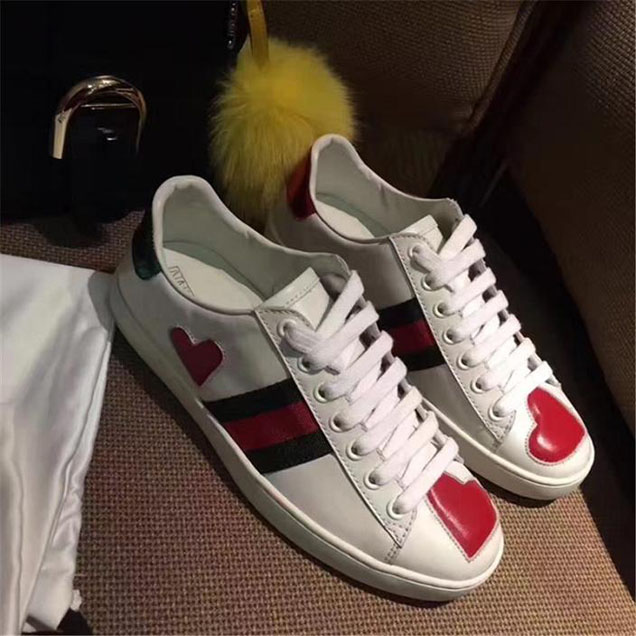 Gucci Ace Heart Snakeskin Trimmed Sneakers Low-Top Sneakers Calfskin Leather Fall Winter 2017 Collection White Multi