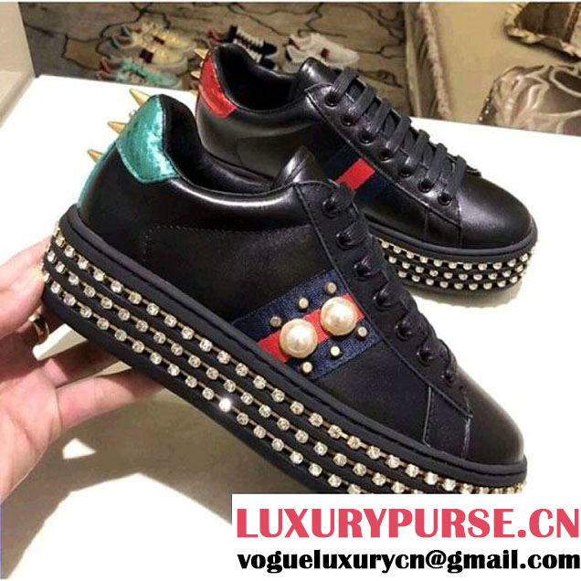 Gucci Pearls Ace Sneaker with Crystals 505995 Black 2018 (GD1054-8030153 )