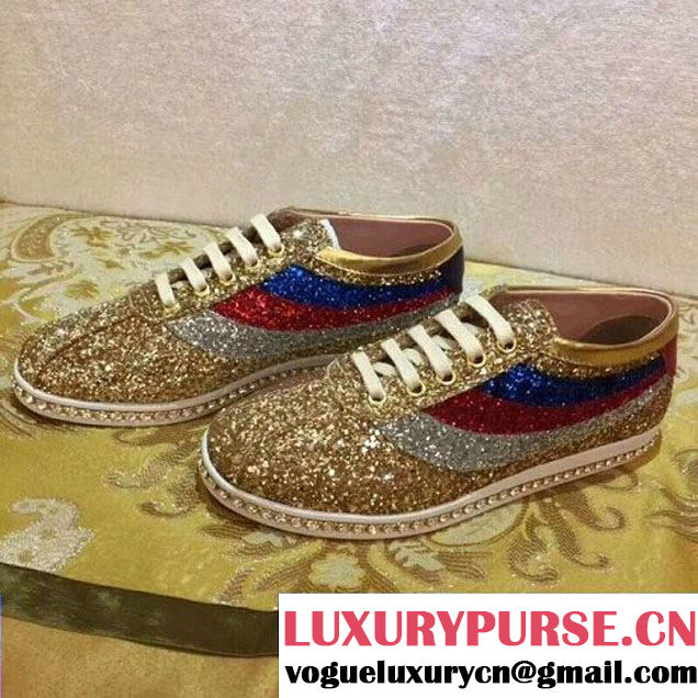 Gucci Falacer Glitter Sneaker With Sylive Web Gold 2018 (GD1054-8022719 )