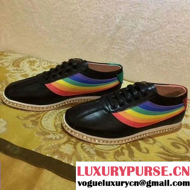 Gucci Falacer Leather Sneaker With Colorful Web Black 2018 (GD1054-8022726 )