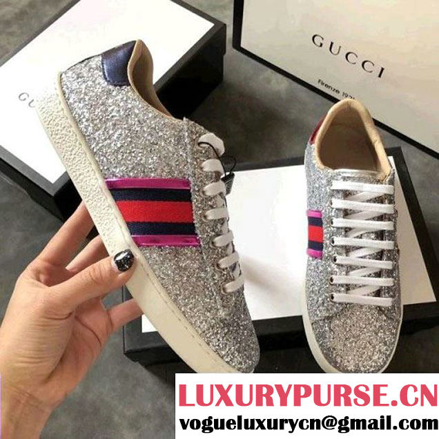 Gucci Web Ace Glitter Low-top Women's Sneaker Silver 2018 (GD1054-8030359 )