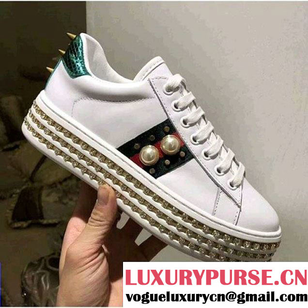 Gucci Pearls Ace Sneaker with Crystals 505995 White 2018 (GD1054-8030156 )