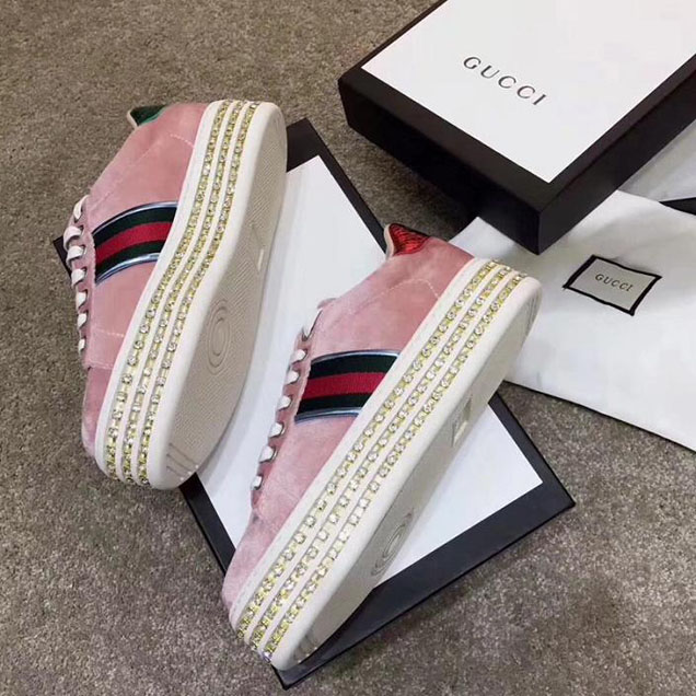 Gucci Ace Web Bee Embroidered Platform Velvet Sneaker with Crystals 505995 Fall Winter 2017 Collection Light Pink