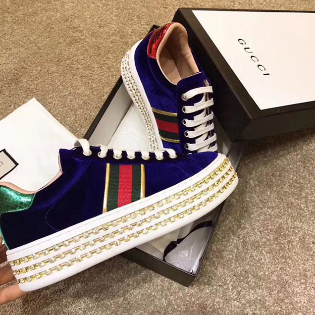 Gucci Ace Web Bee Embroidered Platform Velvet Sneaker with Crystals 505995 Fall Winter 2017 Collection Blue