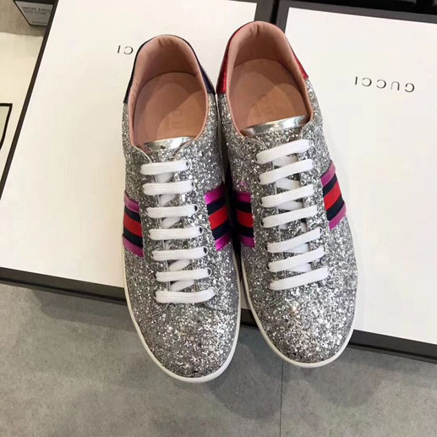 Gucci Glitter Ace Sneakers Calfskin Leather Pre-Fall 2017 Collection Silver