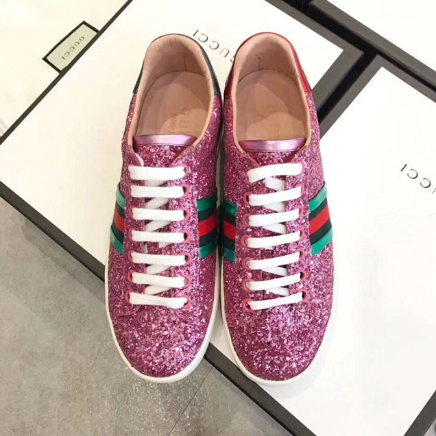 Gucci Glitter Ace Sneakers Calfskin Leather Pre-Fall 2017 Collection Pink