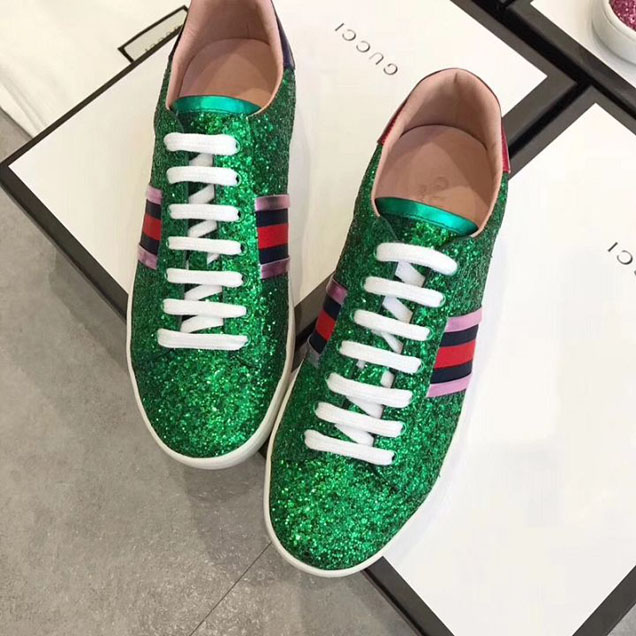 Gucci Glitter Ace Sneakers Calfskin Leather Pre-Fall 2017 Collection Green