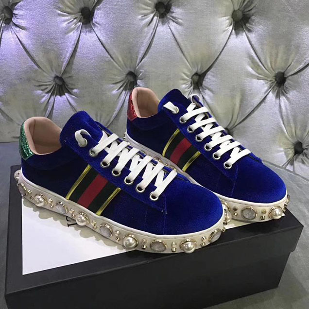 Gucci Ace Pearl Studded Velvet Sneakers 454561 Calfskin Leather Spring Summer 2018 Collection Electric Blue