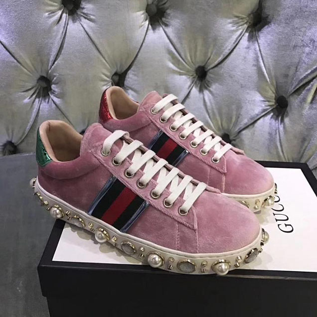 Gucci Ace Pearl Studded Velvet Sneakers 454561 Calfskin Leather Spring Summer 2018 Collection Pink