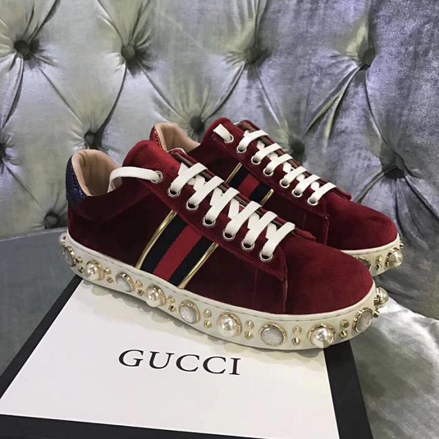 Gucci Ace Pearl Studded Velvet Sneakers 454561 Calfskin Leather Spring Summer 2018 Collection Burgundy