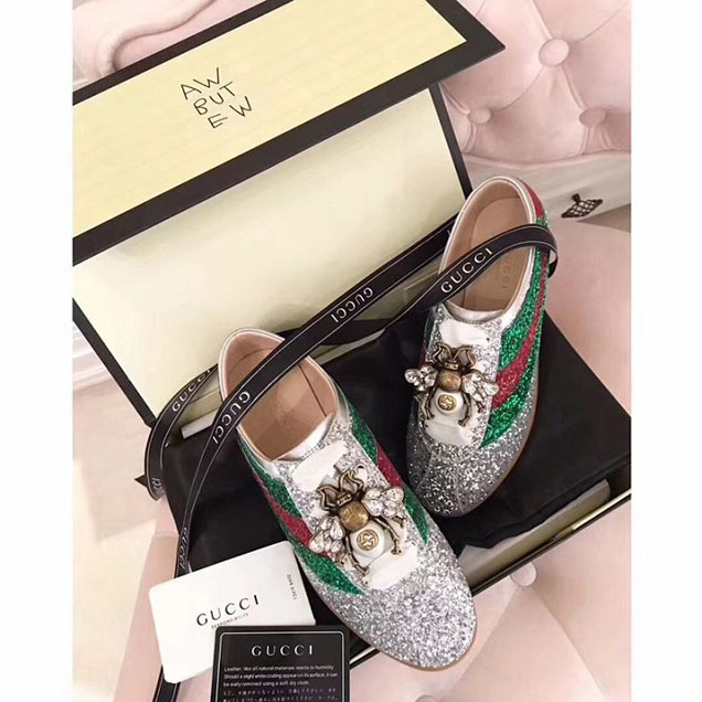 Gucci Retro Falacer Bee Crystal Appliqu&eacute; Glitter Sneakers 494609 Calfskin Leather Spring Summer 2018 Collection Silver