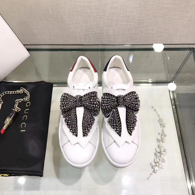 Gucci Ace Large Crystal Bow Patch Low Top Sneakers Spring Summer 2018 Collection White