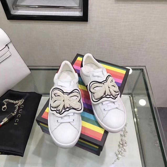 Gucci Ace Pearl Bow Patch Low Top Sneakers 481139 Calfskin Leather Spring Summer 2018 Collection White