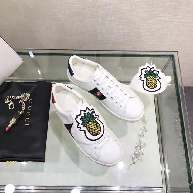 Gucci Ace Pineapple Patch Low Top Sneakers 481154 Calfskin Leather Spring Summer 2018 Collection White