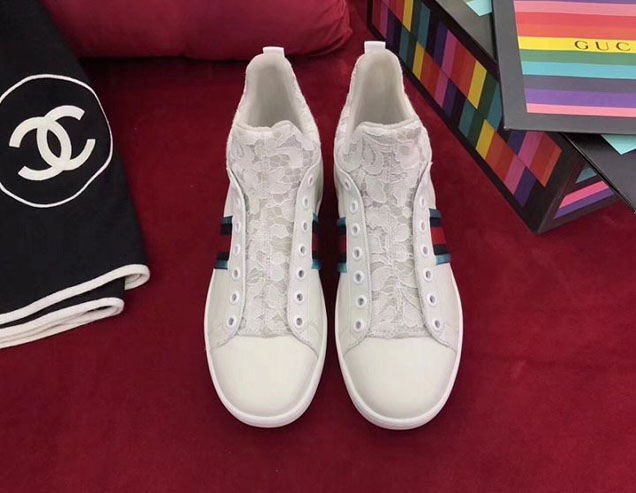 Gucci GG Web Lace Insert Sneakers Calfskin Leather Spring Summer 2018 Collection White