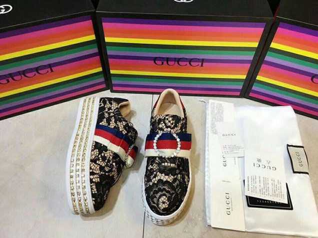 Gucci Ace Platform Crystal Lace Embelished Sylvie Bow Sneakers 498705 Calfskin Leather Spring Summer 2018 Collection Black