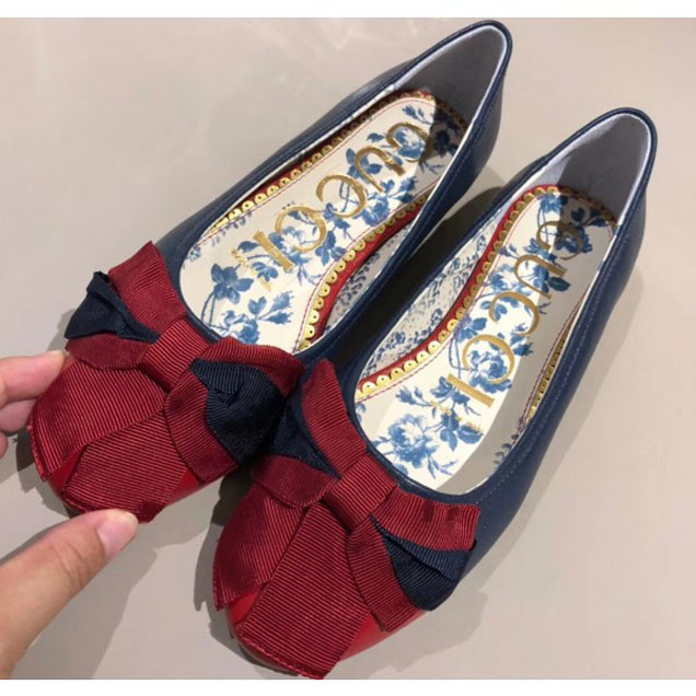 Gucci Leather Ballet Flats Dark Blue/Red With Web Bow 512464 2018