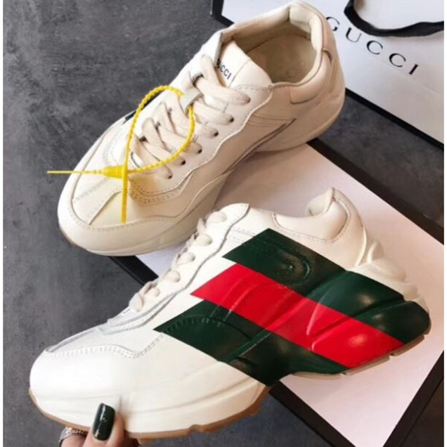 Gucci Rhyton Web Print Leather Sneakers Whtie 2018