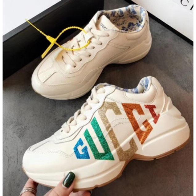 Gucci Rhyton Rainbow Glitter Gucci Logo Leather Sneakers Whtie 2018