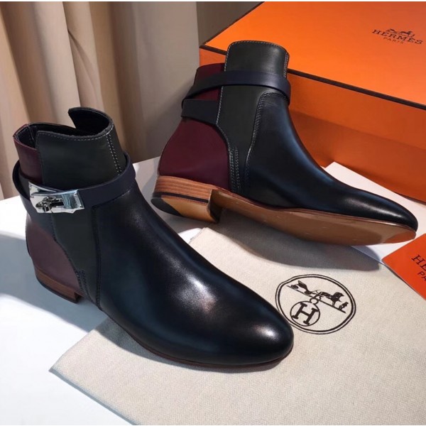 Hermes Calfskin Ankle Boot Blue/Black/Burberrygundy 2018(Top) Collection