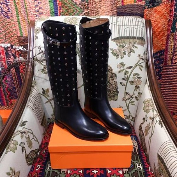 Hermes Studded Riding Jumping Boots Calfskin Leather Fall/Winter 2018 Collection, Black