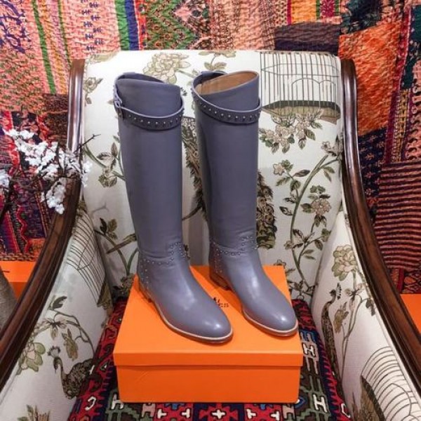 Hermes Studded Riding Jumping Boots Calfskin Leather Fall/Winter 2018 Collection, Gray