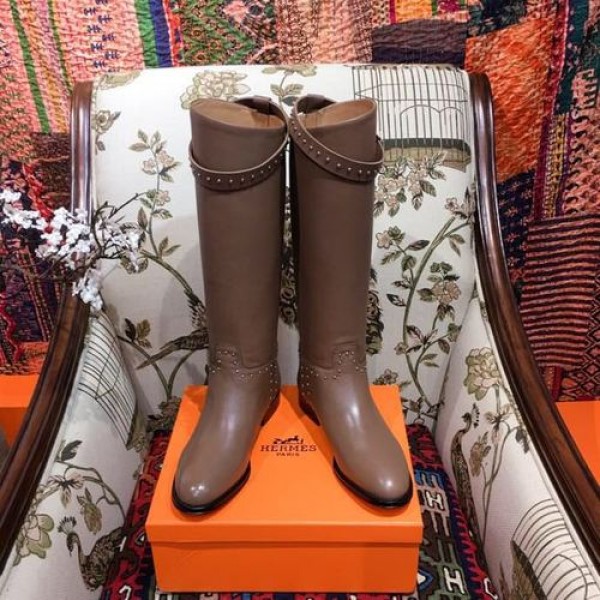 Hermes Studded Riding Jumping Boots Calfskin Leather Fall/Winter 2018 Collection, Taupe