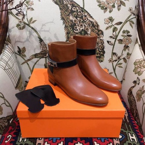 Hermes Neo Ankle Boots Calfskin Leather Fall/Winter 2018 Collection, Cognac/Black