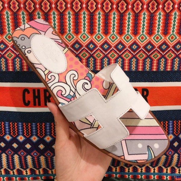 Hermes Oran Slide Flat Sandals on Print Insole White 2019 Collection