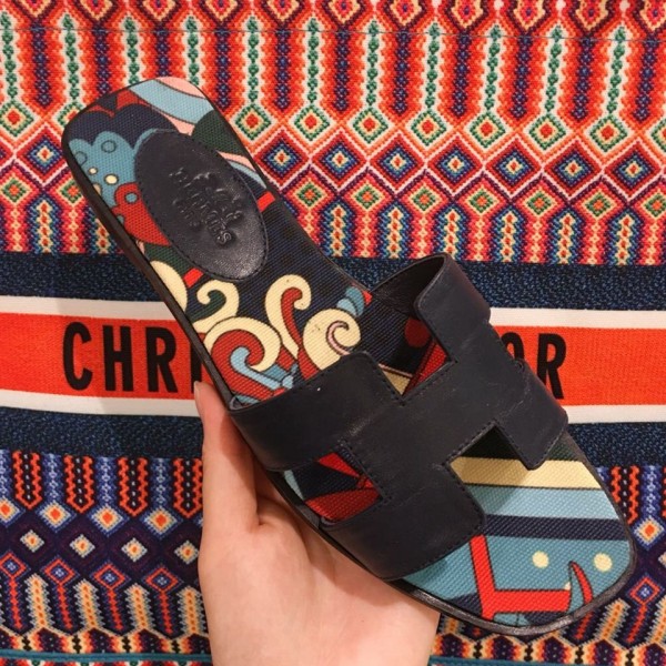 Hermes Oran Slide Flat Sandals on Print Insole Navy Blue 2019 Collection