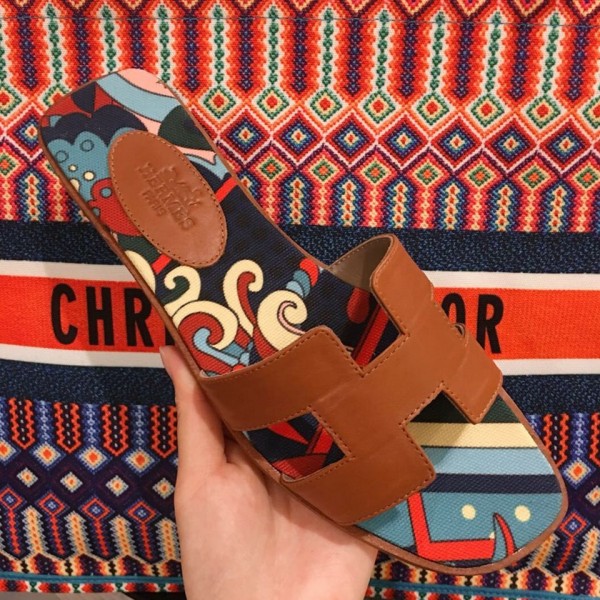 Hermes Oran Slide Flat Sandals on Print Insole Brown 2019 Collection