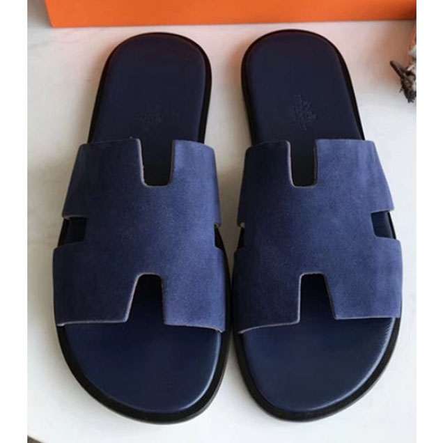 Hermes Izmir Men's Slipper Sandals in Suede Dark Blue