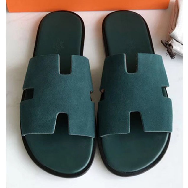 Hermes Izmir Men's Slipper Sandals in Suede Green